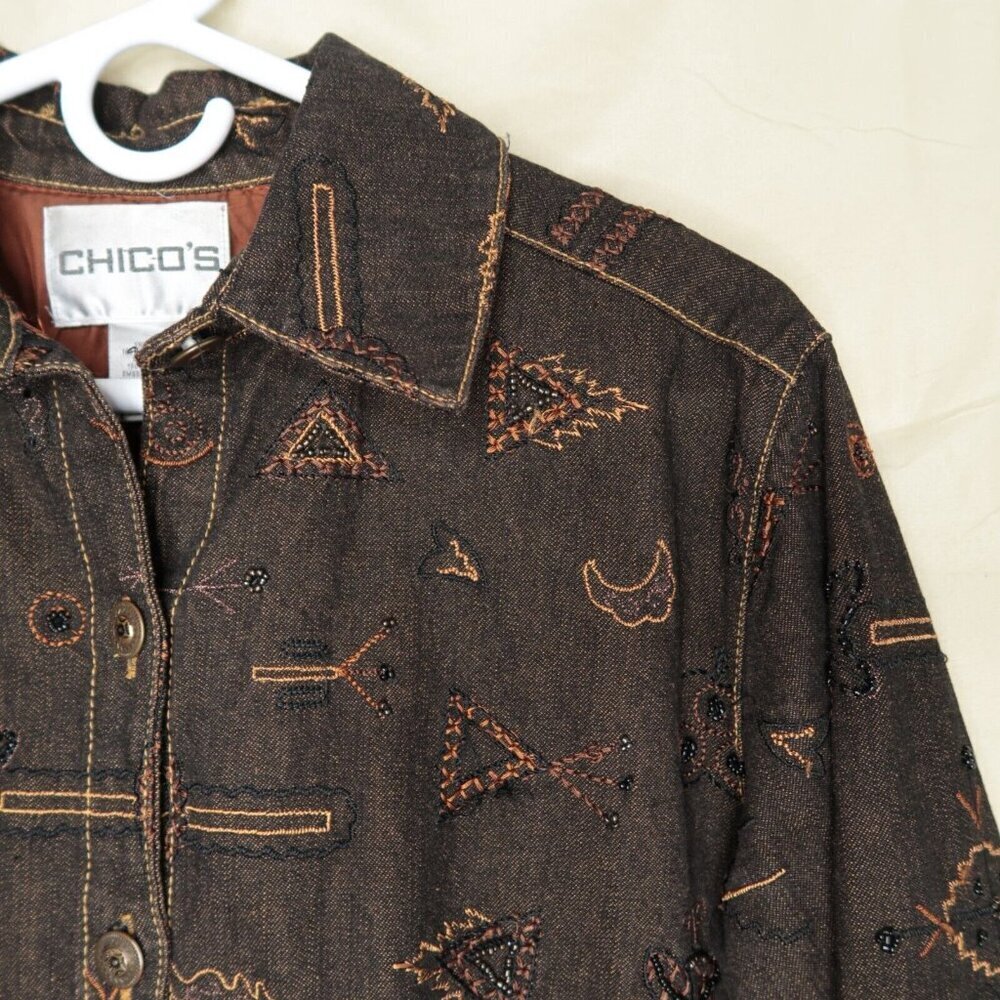Chico’s Brown Denim Jean Jacket Anniversary Collection Silk Lined Women's Medium - Picture 3 of 13